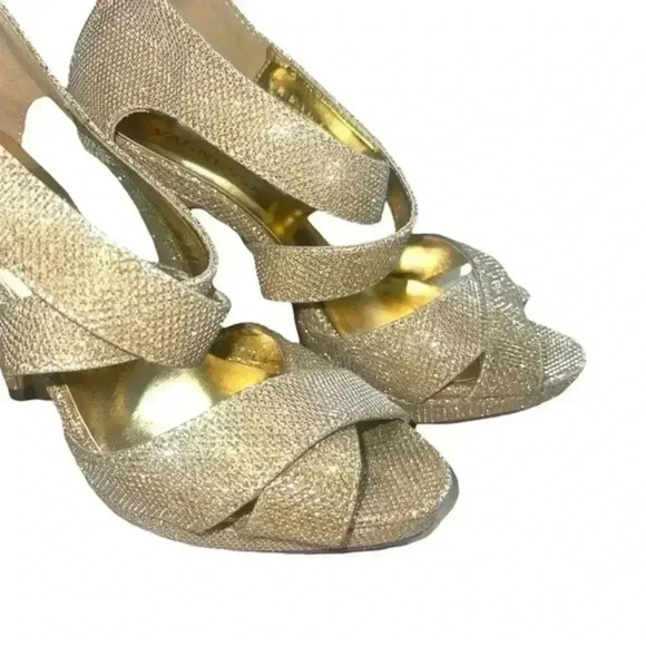 GOLD STRAPPY GLITTER HIGH HEELED SANDALS - Picture 8 of 11